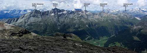 Annotated Durreck Group panorama, from the Schneebiger Nock North ridge