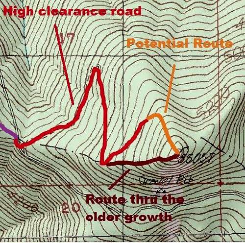 Map of the routes up Pechugh Peak