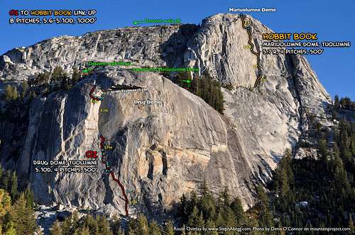 Route Overlay for Oz on Drug Dome and Hobbit Book on Mariuolumne Dome