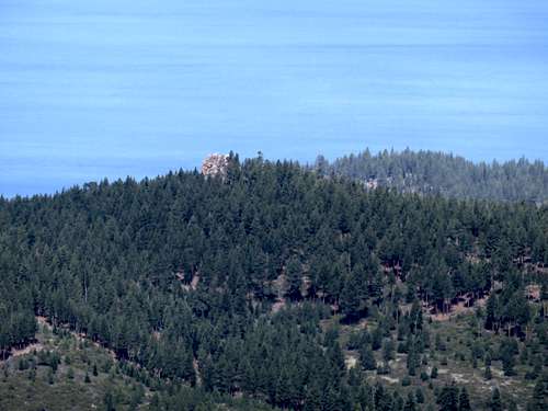 Zoom shot of Captain Pomin Rock and Lake Tahoe