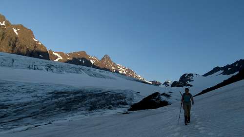 Jayme hiking down the Flute Glacier
