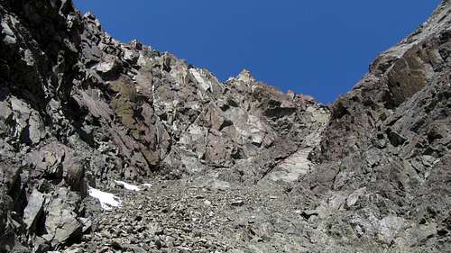 Looking up the steep gully on Eagle Peak
