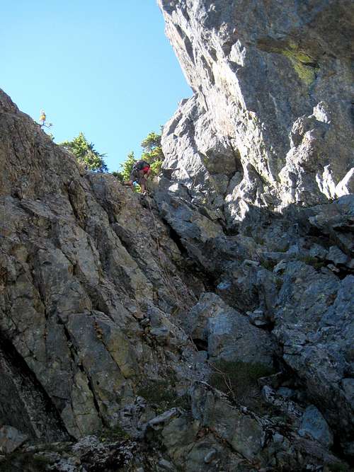 Rappelling into the 'south notch' on Red Mountain