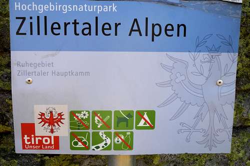 Zillertal Alps Natural Park signpost