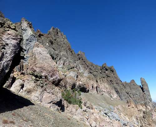 View up to the summit towers from high up on the east face route