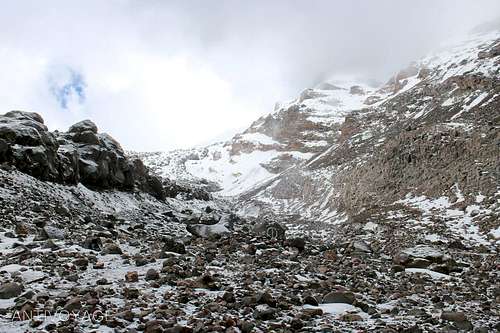 Looking up the draw to the headwall of the Jamapa Glacier