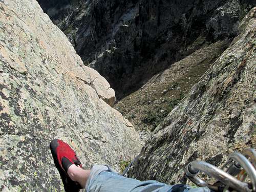 Looking down from the top of pitch 2, Southwest Ridge of Symmetry Spire, Teton Range, WY