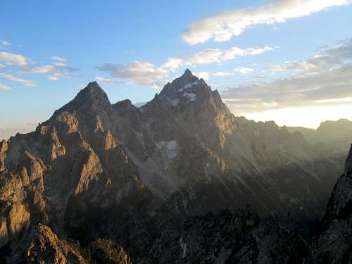 The Grand Teton and Teewinot seen from the summit of Symmetry Spire at sunset, Teton Range, WY
