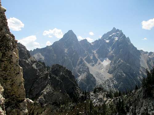 Teewinot, Mount Owen and The Grand Teton seen from the base of pitch 2 of the Southwest Ridge(YDS 5.7) of Symmetry Spire, Teton Range, WY