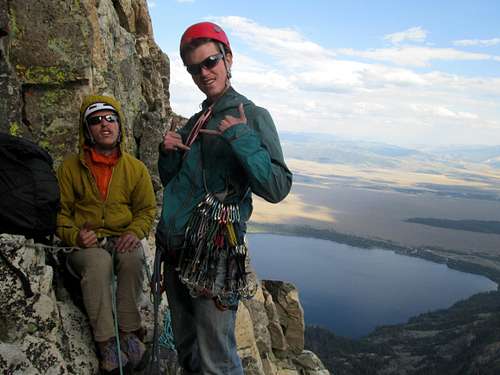Welch(left) and myself(right in the blue windbreaker) preparing to rock the 4th and final pitch of the Southwest Ridge of Symmetry Spire, Teton Range, WY