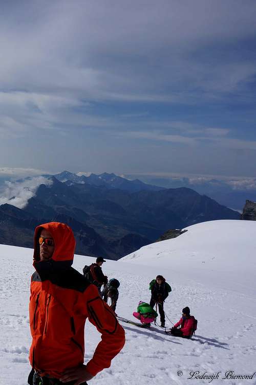 Taking a short rest at the Base of Breithorn