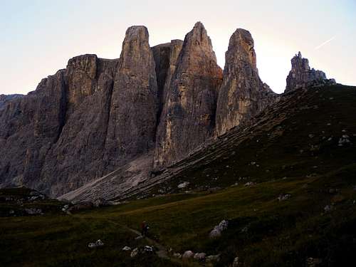 Sella Towers shady West walls in early morning