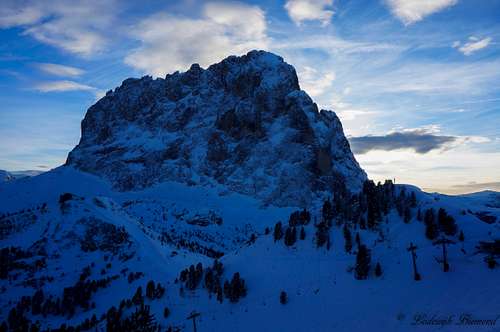 Evening view of Sassolungo (3181m)