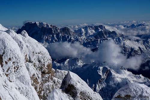 Civetta (10564 ft / 3220 m ) as seen from Marmolada punta Rocca (3267m)