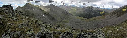 Annotated panorama from the Haiderscharte to the SW