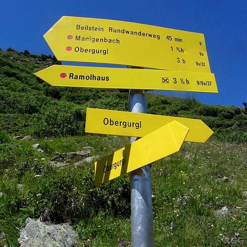 Second signpost near the top of the Obergurgler Klettersteig  - apparently all directions eventually lead to Obergurgl!?
