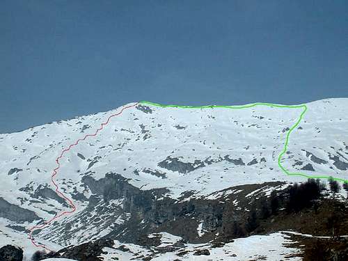 The ascent route (green line)...