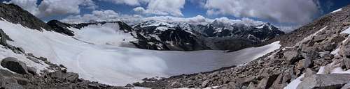 180° panorama looking down the Rosimferner, with the main ridge of the Ortler group in the background