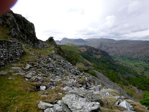 Abandoned quarry buildings overlook Great Langdale