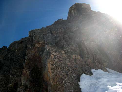 Looking up the final rock pitch on Mount Olympus