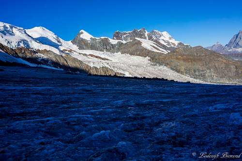 The Grenzglacier with Castor, Pollux and Breithorn behind