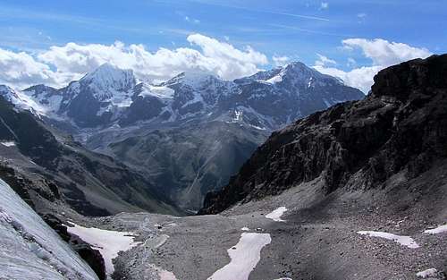 View down the Rosimtal, with Königsspitze, Monte Zebru and Ortler