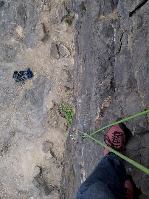 Looking Down After Pulling the Crux on Bushmaster