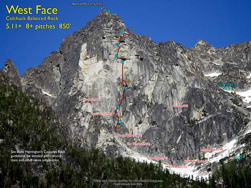 Route Overlay, West Face of Colchuck Balanced Rock
