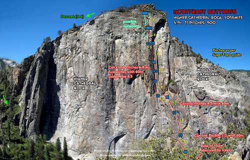 Route Overlay NE Buttress Higher Cathedral Rock