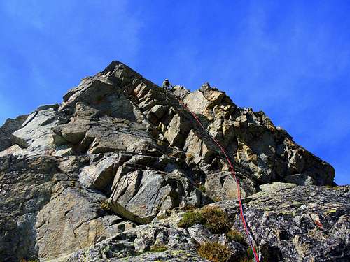 Climbing a fine corner on NE ridge, Corni di Lago Scuro