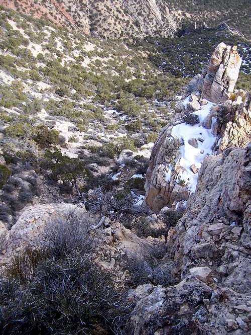 Looking down from the crux...