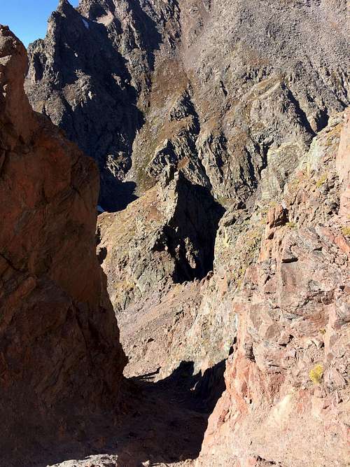 Looking back at the hidden scree couloir
