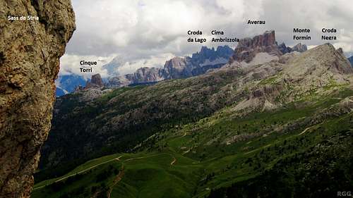 Labeled panorama from high on Sass de Stria, spanning from Cinque Torri to Croda Negra