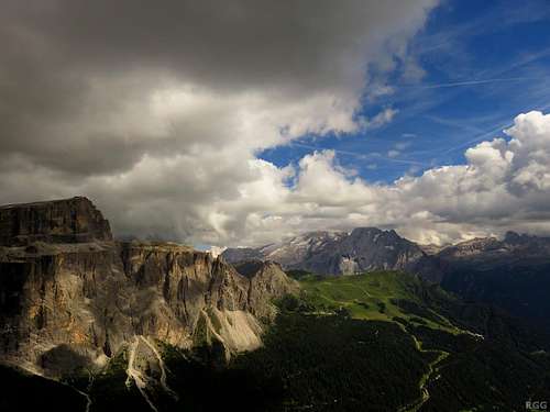 The southwest walls of the Sella Group, with Marmolada on the horizon