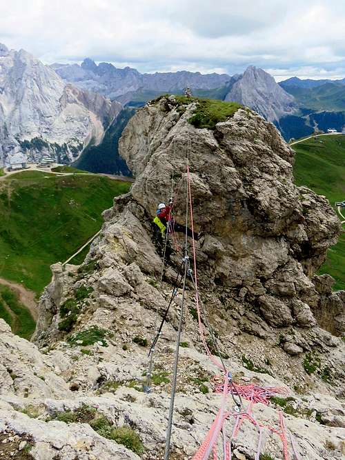 Tyrolean traverse high on Sass Becè