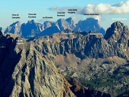 Labeled Pale di San Martino group, zoomed in from Sass Pordoi