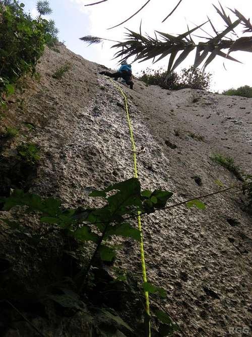 Jan climbing a wet route in sector Bamboo Jungle, Munxar Valley