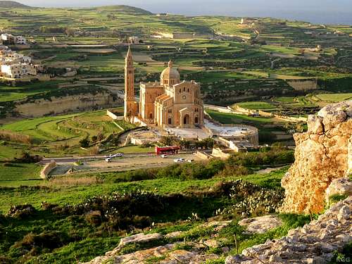 Basilica of the Blessed Virgin Of Ta' Pinu seen from high on Ta'Għammar