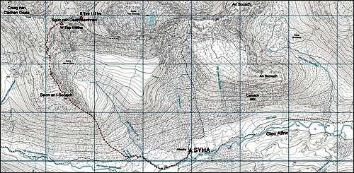 OS map showing route from Alltbeithe to western summit of Sgurr nan Ceathreamhnan