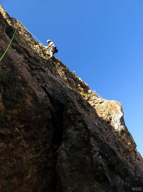 Jan climbing at San Filep Bay, Gozo