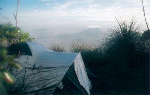 Mt Barney Australia summit camp with Mt Maroon far below