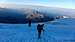 On the Felik Glacier at dawn. The lower peaks catch the first sunlight